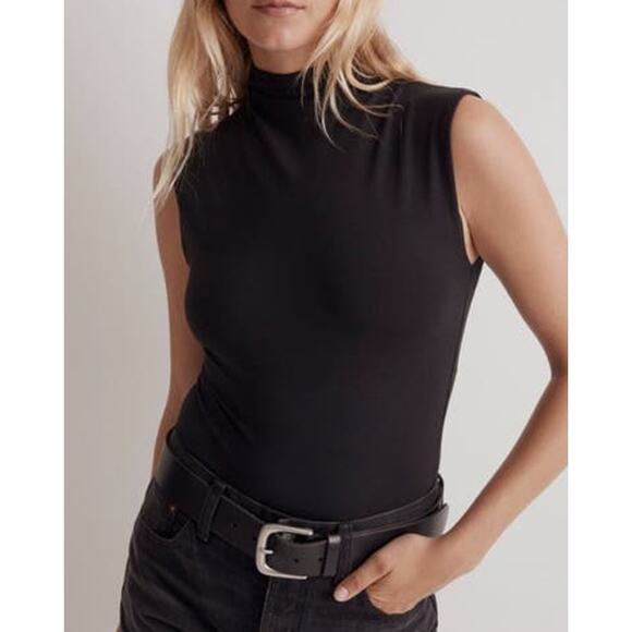 Madewell Funnel Neck Muscle Tee Cropped True Black Top US Women's XXS New - Picture 1 of 6